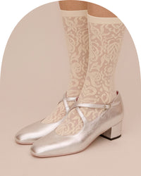 A pair of metallic silver Mary Jane shoes with block heels, worn with beige patterned lace socks, shown against a solid beige background.
