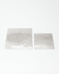 Two rectangular silver plates on a white background
