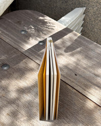 Open book on a wooden surface with sunlight casting shadows